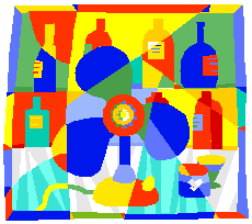 electric fan and bottles behind a bar